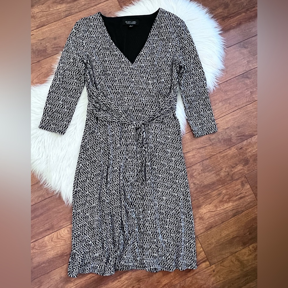 Black Label By Evan Picone Black & White Print Faux Wrap Dress-Size 8